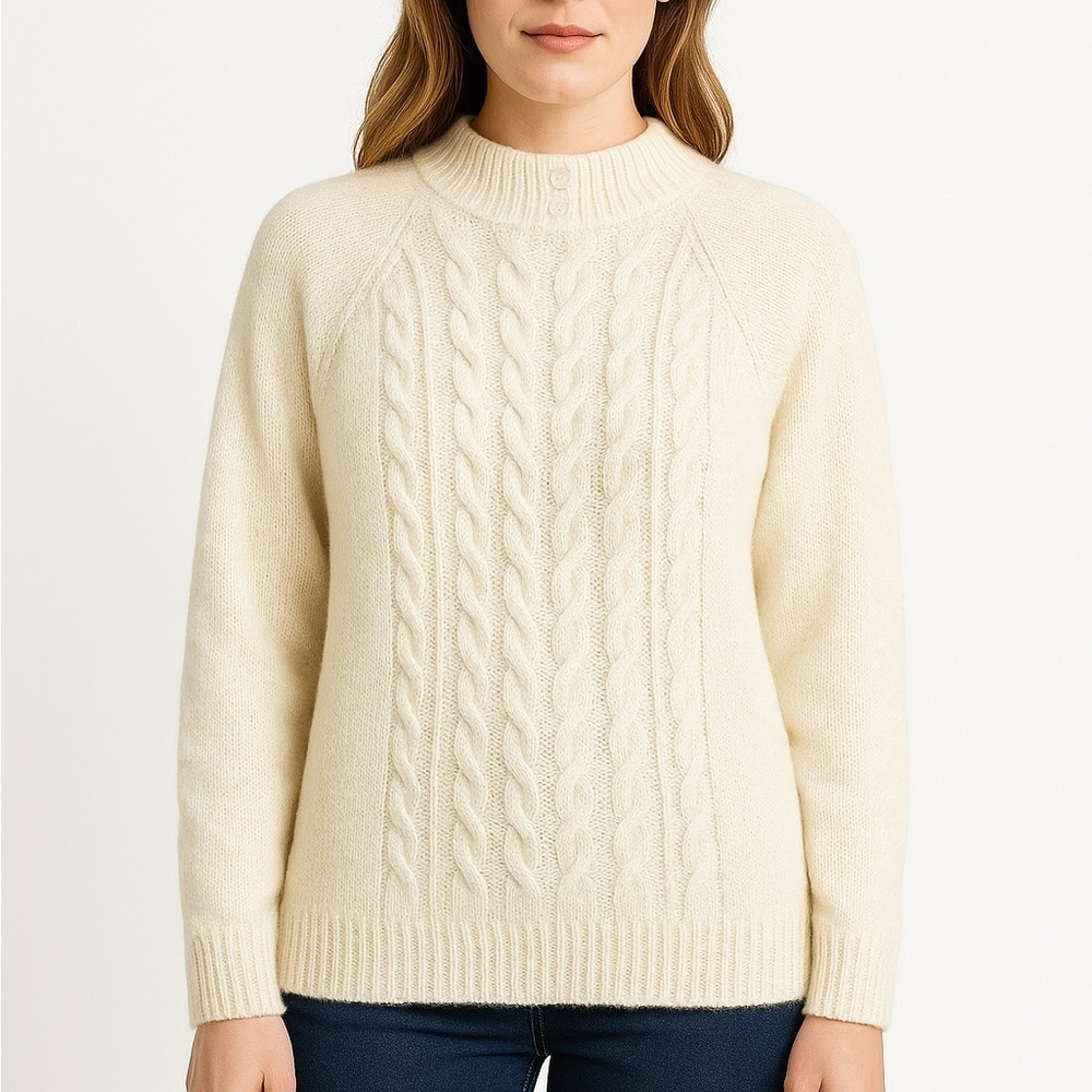 Vintage Cream Cable Knit Mock Turtleneck Acrylic Sweater - Picture 2 of 10